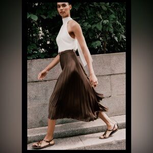 NWT Zara Pleated Combination Midi Dress - ivory and brown